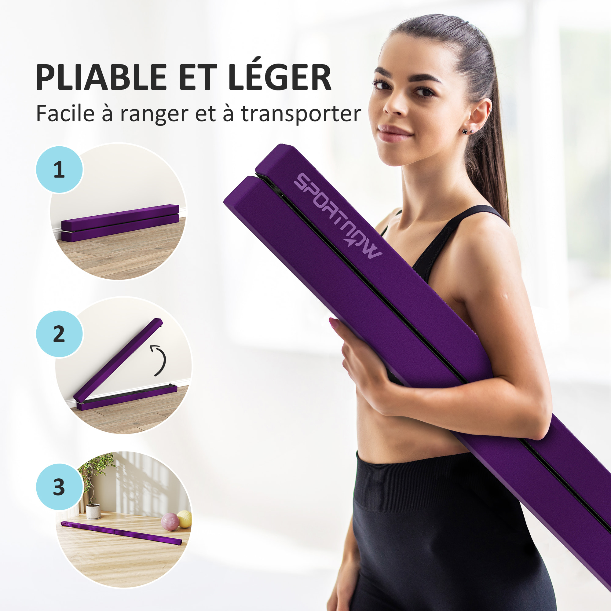 Poutre gymnastique pliable 240 cm - poutre d'équilibre antidérapante - bois de pin revêtement flanelle violet