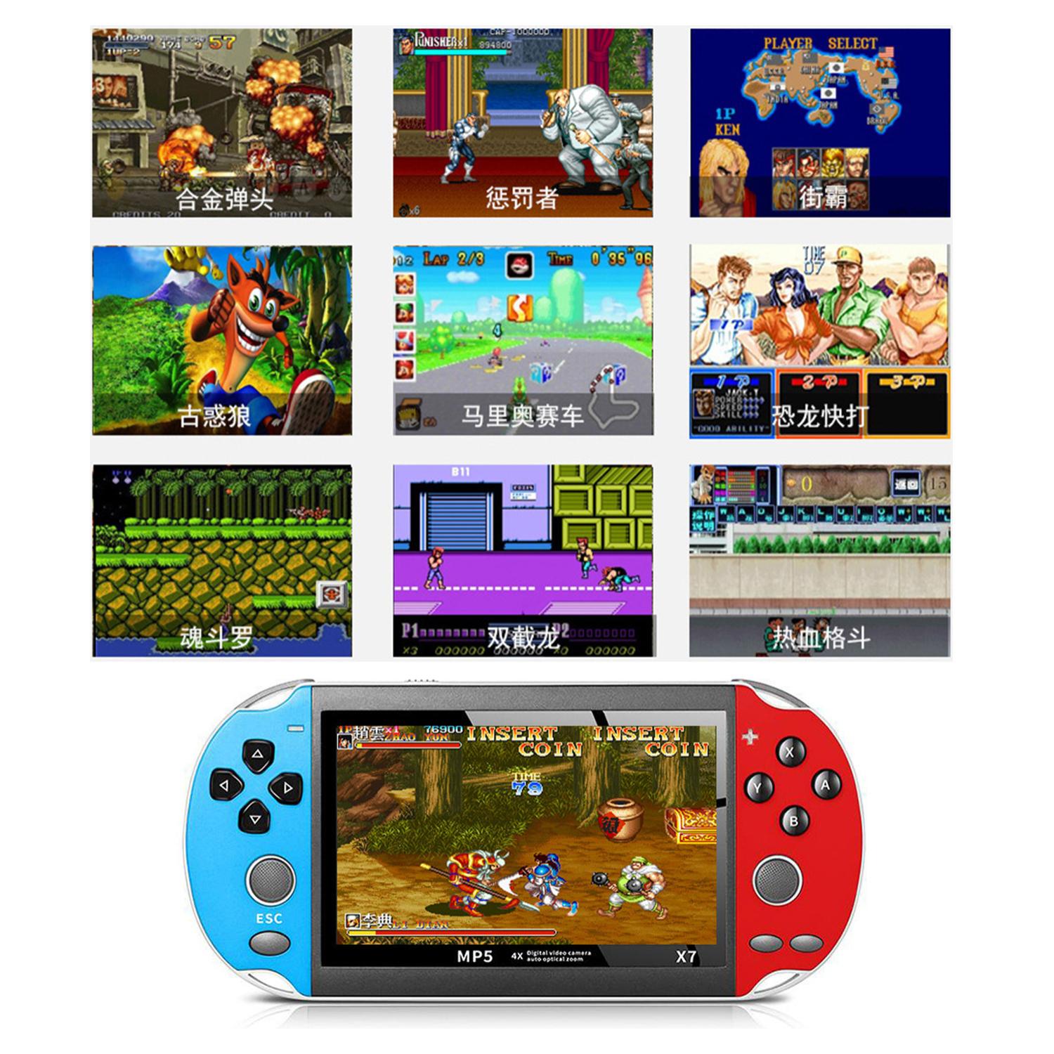 Consola de videojuegos X7 64 bits con juegos clásicos preinstalados. Pantalla 4,3 pulgadas, reproductor multimedia, cámara de fotos.