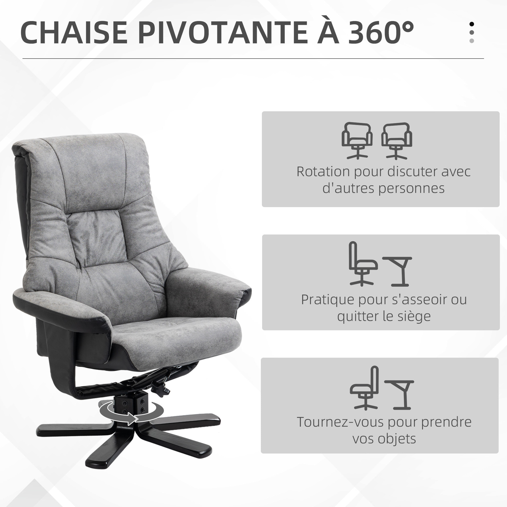 Fauteuil relax style contemporain - dossier inclinable, repose-pied - piètement bois peuplier noir tissu technique gris