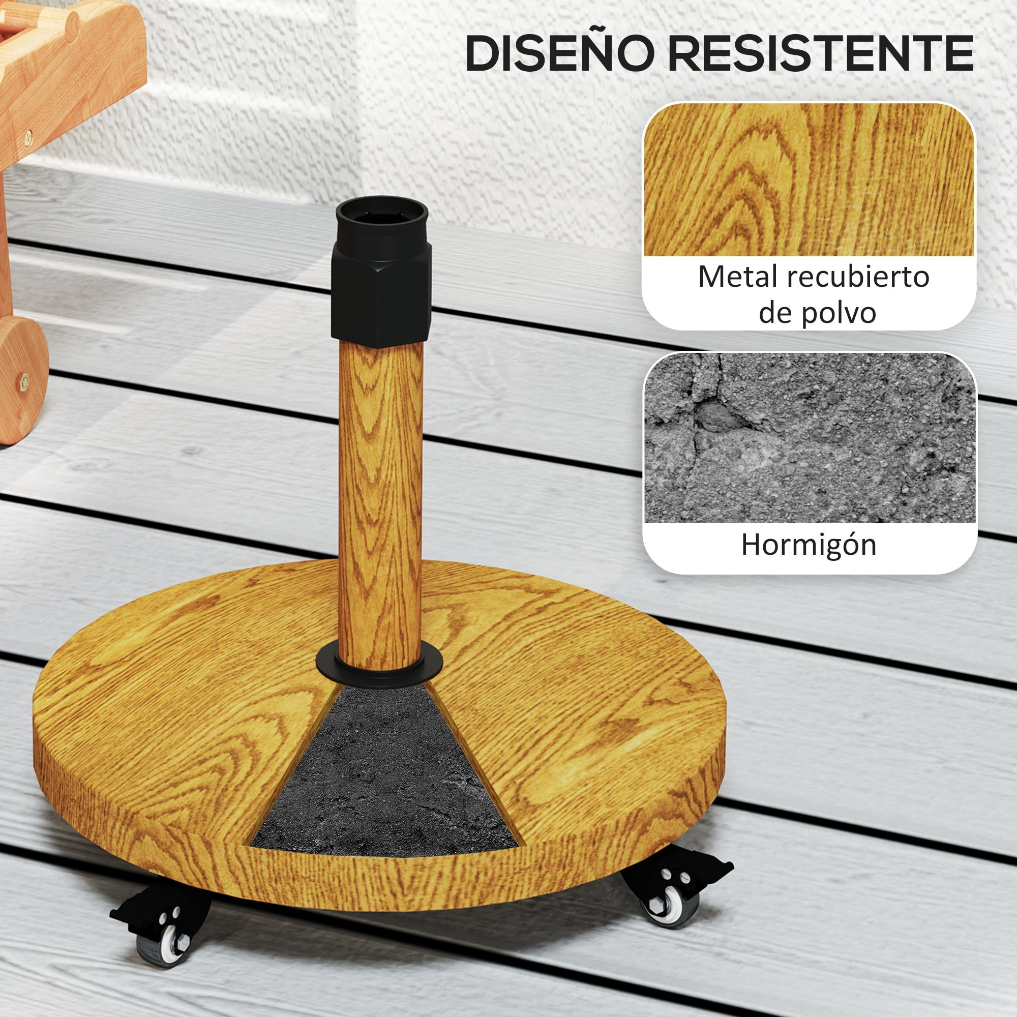 Base para Sombrilla Redonda Soporte para Parasol con Ruedas Pie para Sombrilla con Relleno de Cemento Peso 24,5 kg para Jardín Terraza Natural
