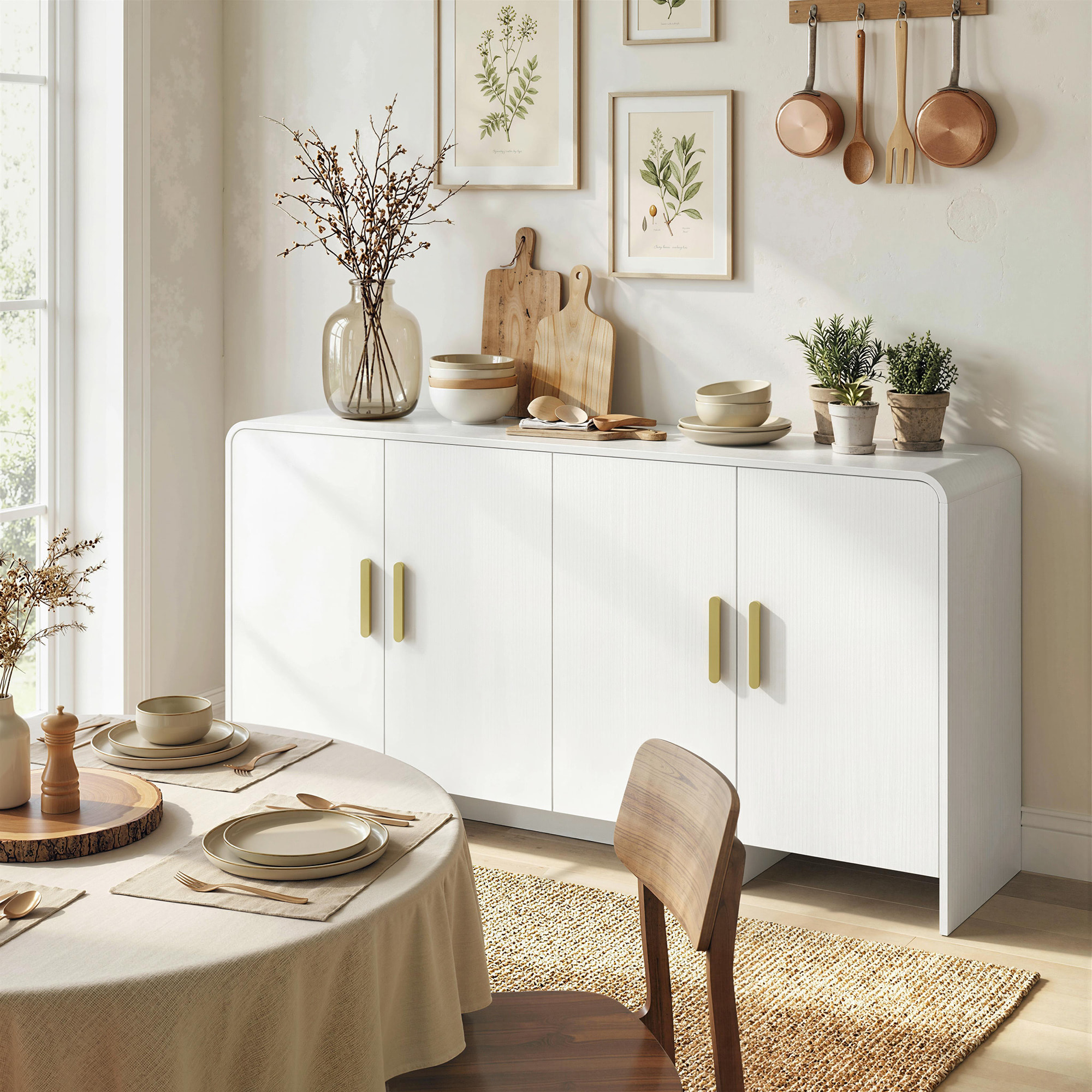 Aparador de Cocina, Armario de Cocina con 4 Estantes, 4 Puertas de Cierre Suave, Bordes Redondeados, Aparador para Comedor, Mueble para TV de 72 Pulgadas, 152x40x80 cm, Blanco