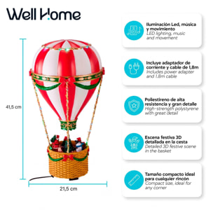Globo aerostático navideño con papá noel luces led, movimiento y música con adaptador 21,5x21,5x41,5cm