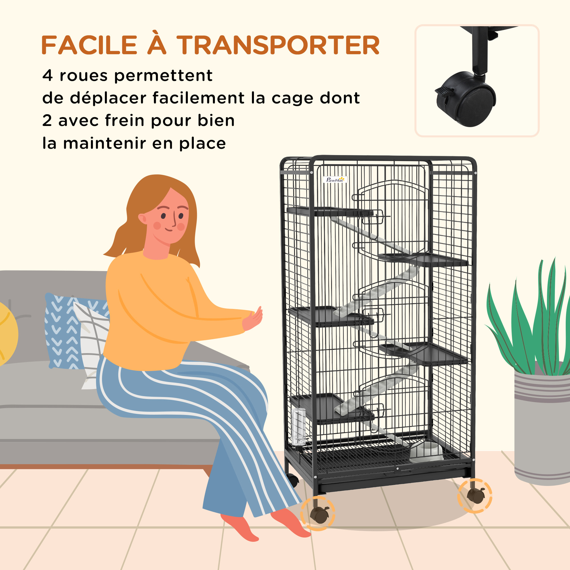 Cage pour petits animaux roulante 5 rampes 5 plateformes gamelle distributeur eau plateau amovible métal PP noir