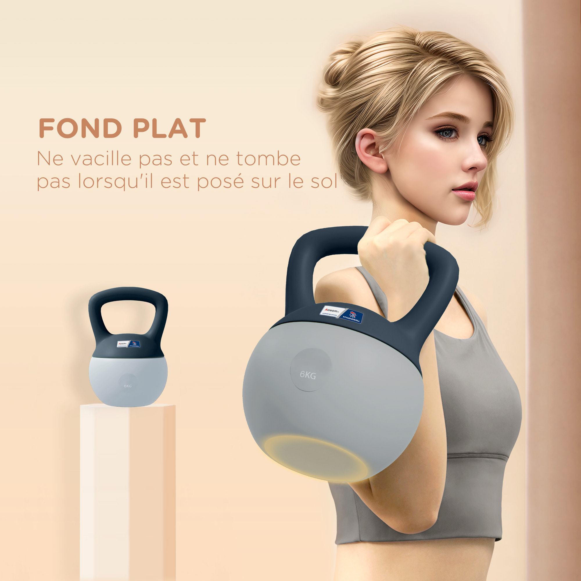 Kettlebell 6 Kg collaboration Aosom.fr x FFHandball - prise ergonomique - PVC gris jaune