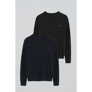 Pack uomo con due maglioni in blu marino e nero a trecce in misto lana con ricamo Rigby Go