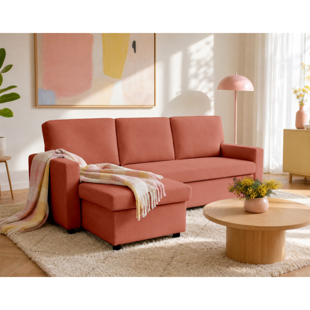 Meiya - canapé d'angle réversible 4 places convertible avec coffre en tissu - Terracotta