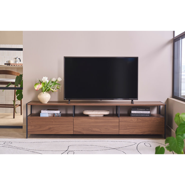 Meuble TV finition bois foncé noyer et métal noir L180 cm MAXENCE