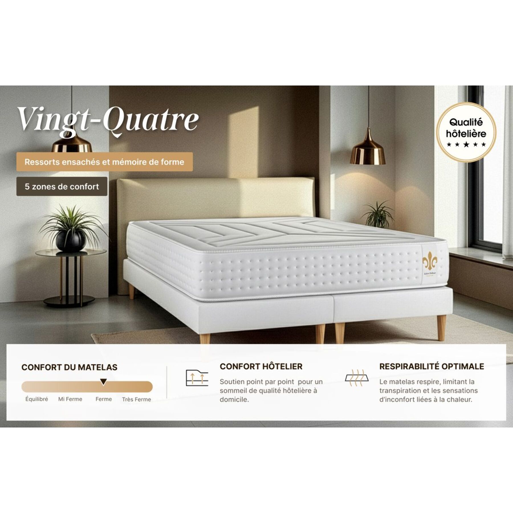 Matelas Vingt-Quatre - 24cm - Ressorts ensachés et mémoire de forme - Tensions allégées - Soutien Ferme