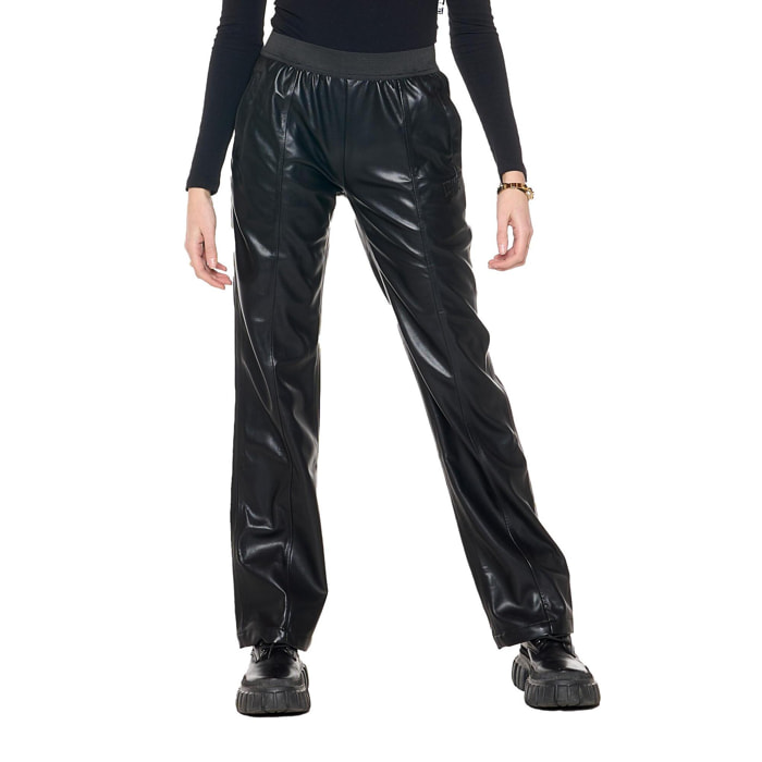 Pantalón ancho de mujer 'Black Ring' símil piel