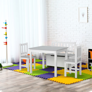 Ensemble de table et chaises enfant - set de 4 pièces - table, 2 chaises, banc coffre 2 en 1 - MDF pin blanc gris