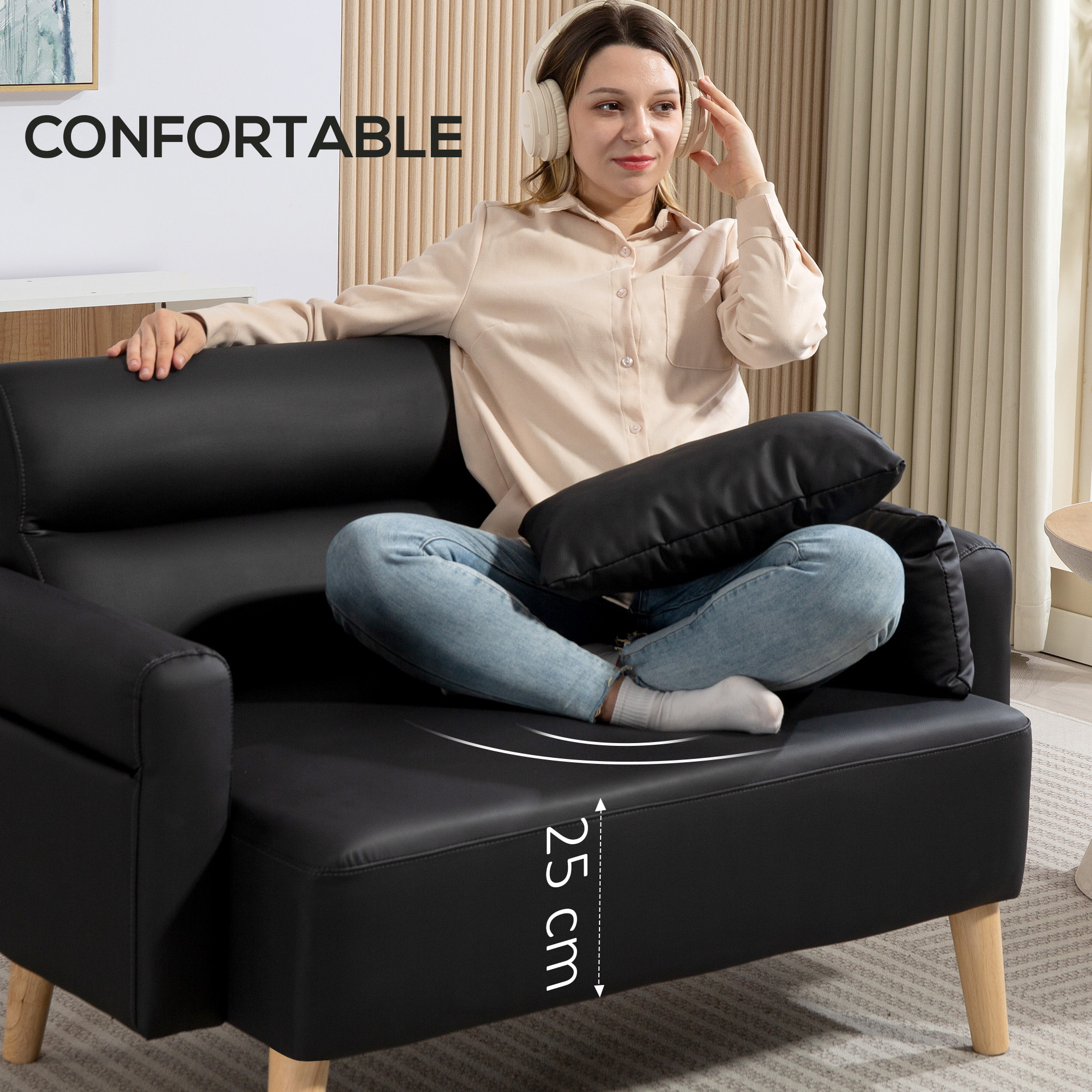 Sofá de 2 Plazas Tapizado en Cuero Sintético Sofá de Salón de 117 cm con Reposabrazos Acolchado Grueso Respaldo Acanalado y Patas de Madera para Dormitorio Sala de Estar Negro