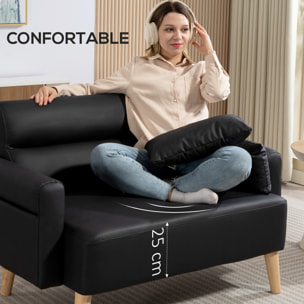Sofá de 2 Plazas Tapizado en Cuero Sintético Sofá de Salón de 117 cm con Reposabrazos Acolchado Grueso Respaldo Acanalado y Patas de Madera para Dormitorio Sala de Estar Negro