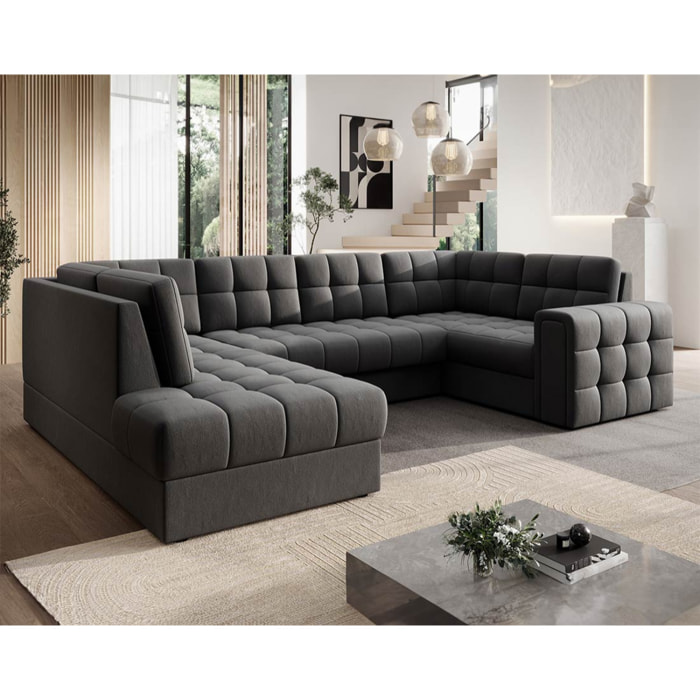 Nappa - Canapé panoramique d'angle droit 7 places convertible avec coffre en velours - Gris