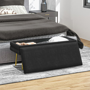 Puff Almacenaje 39L, Banco Almacenaje con Tapa Abatible y Patas de Acero, Tapizado en Terciopelo, Pie de Cama, para Dormitorio, Salón, Entrada, Carga 120 kg, 100x37,5x42 cm, Negro