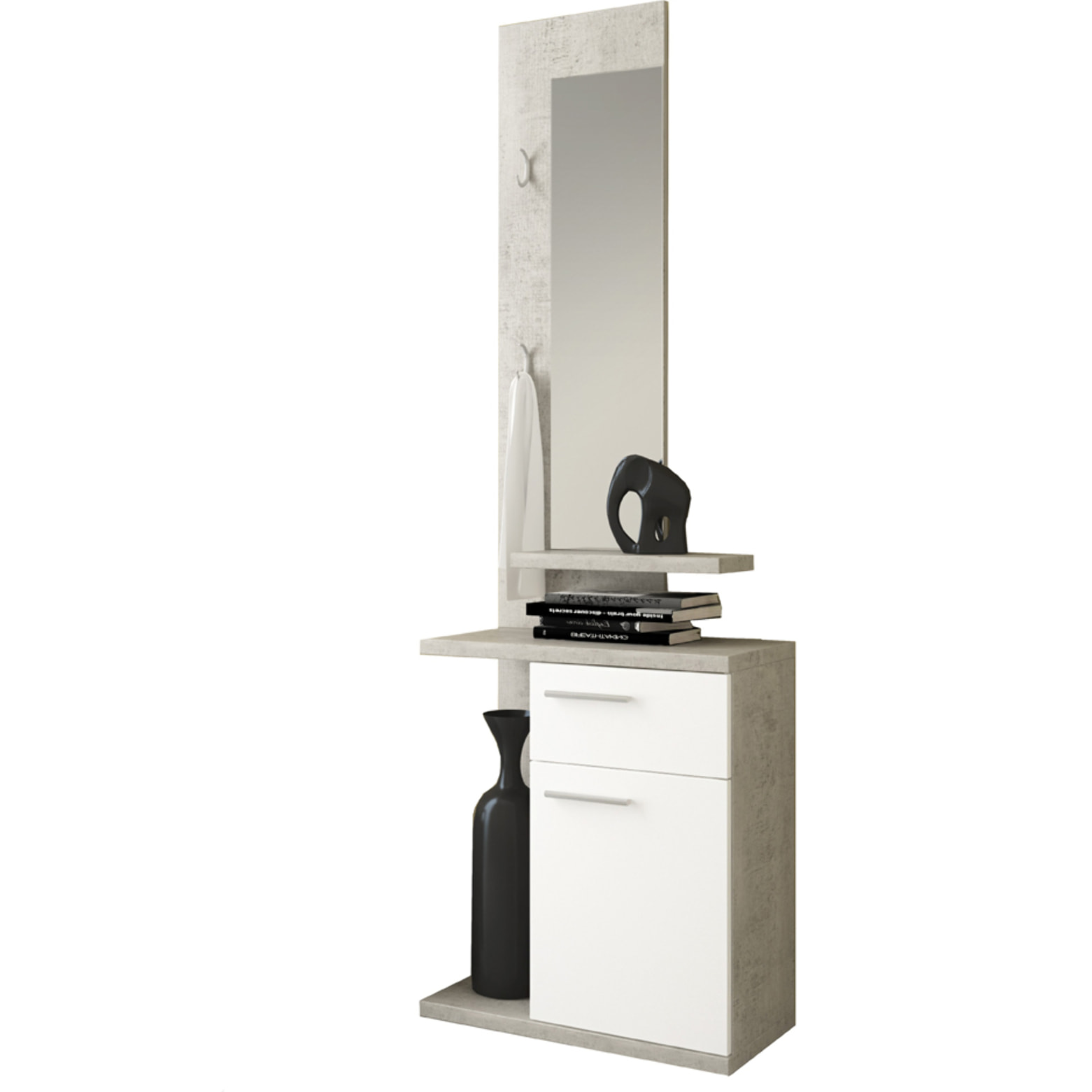 Mobile Ingresso Mobiletto Consolle Salvaspazio Con Specchio Cassetto 3 Ripiani Design Moderno Ingresso Corridoio 60,5x186x28 Cm Bianco Grigio Cemento