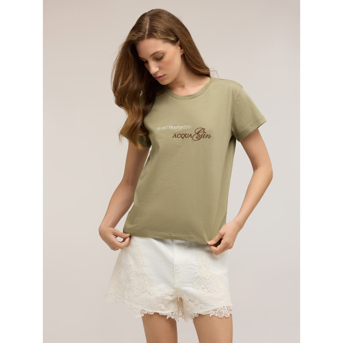 Motivi - T-shirt in jersey con scritta ricamata - Verde militare