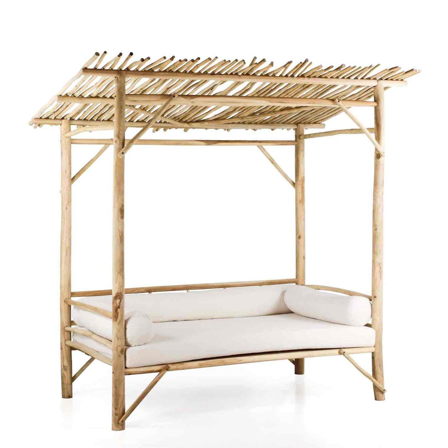 Baldacchino daybed in legno di teak riciclato 120x200cm con cuscini ecù - Okku