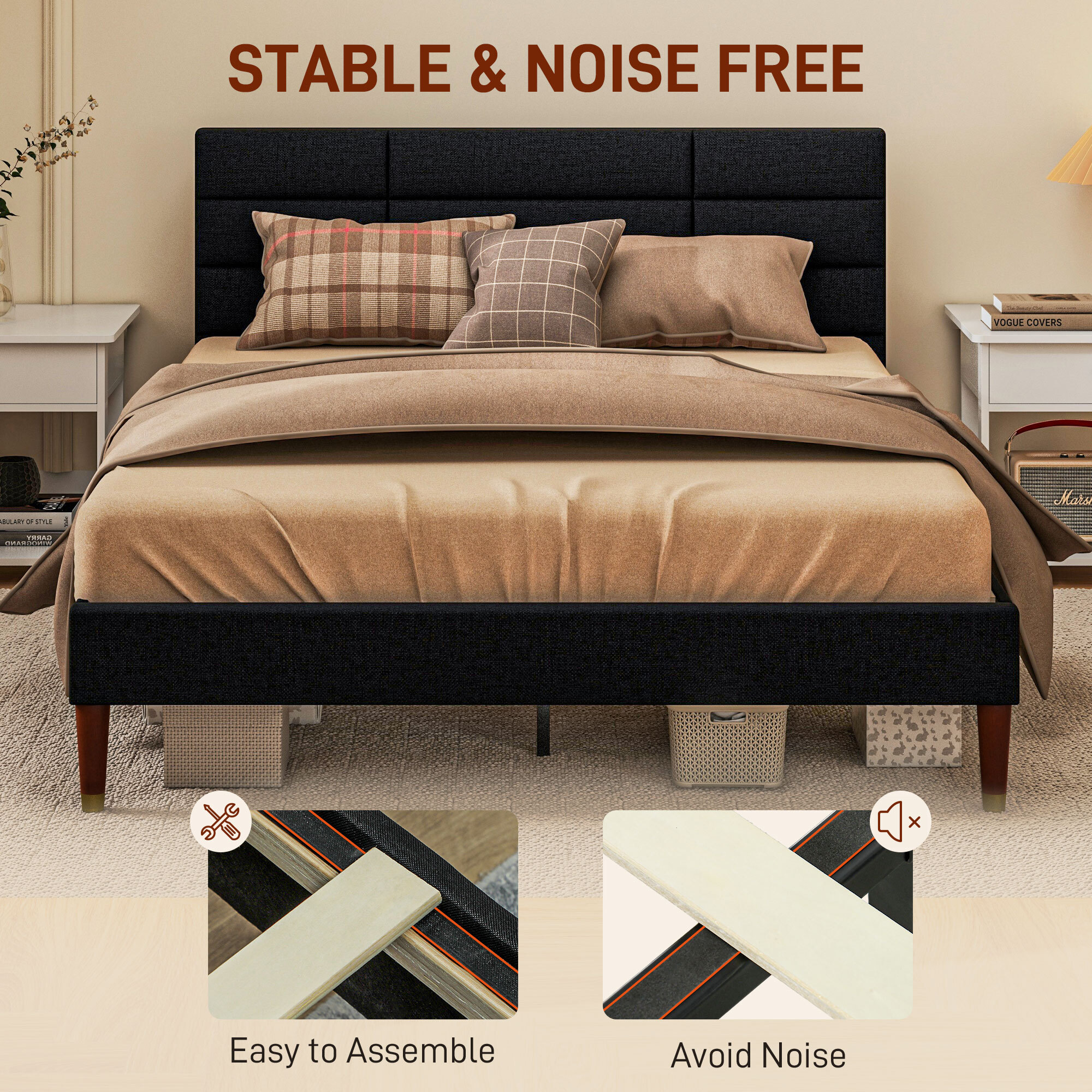 Lit double - tête de lit, pied de lit et sommier - compatible matelas 140 x 200 cm - tissu noir