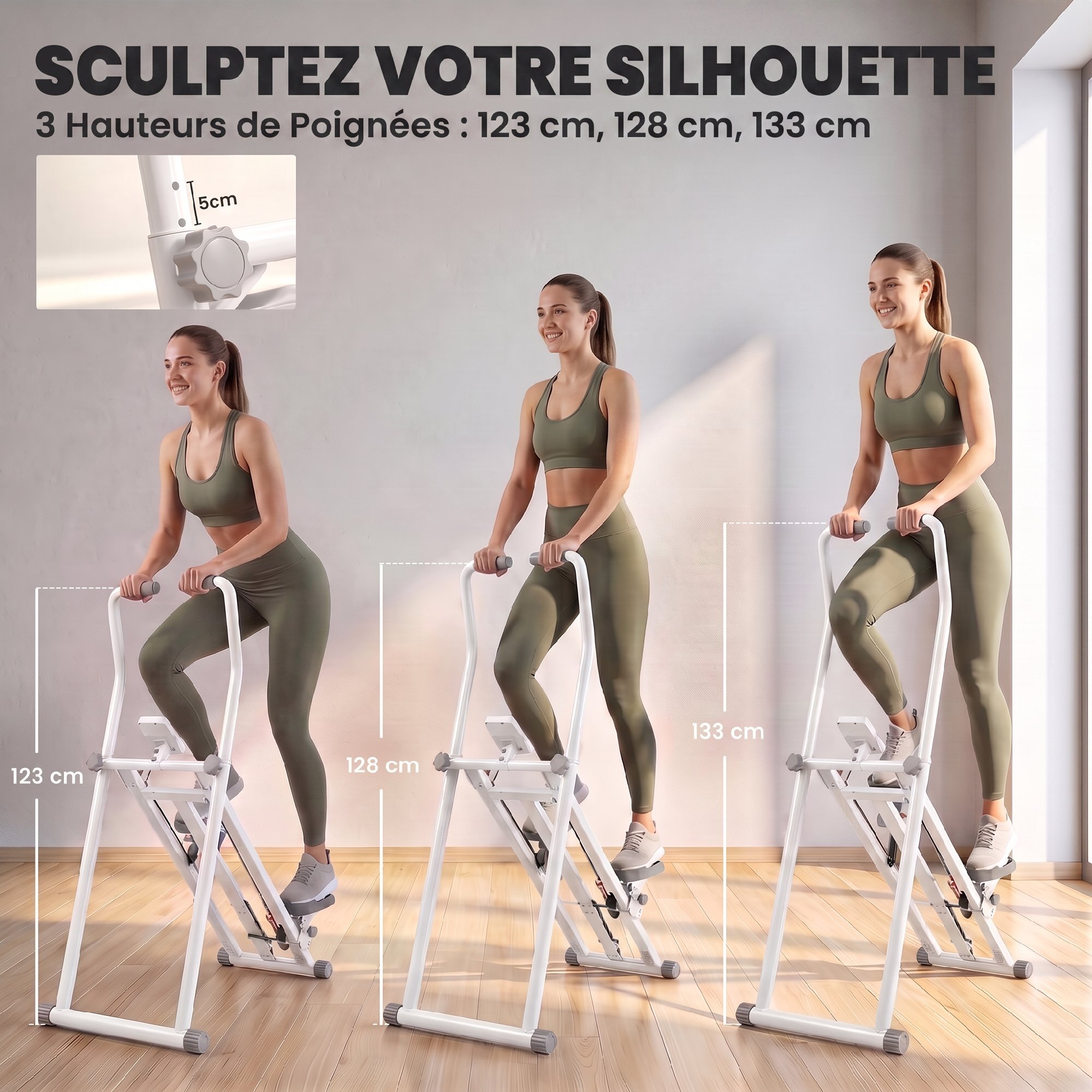 Stepper d'escalier pliable réglable - climber step - écran LCD multifonction acier gris blanc