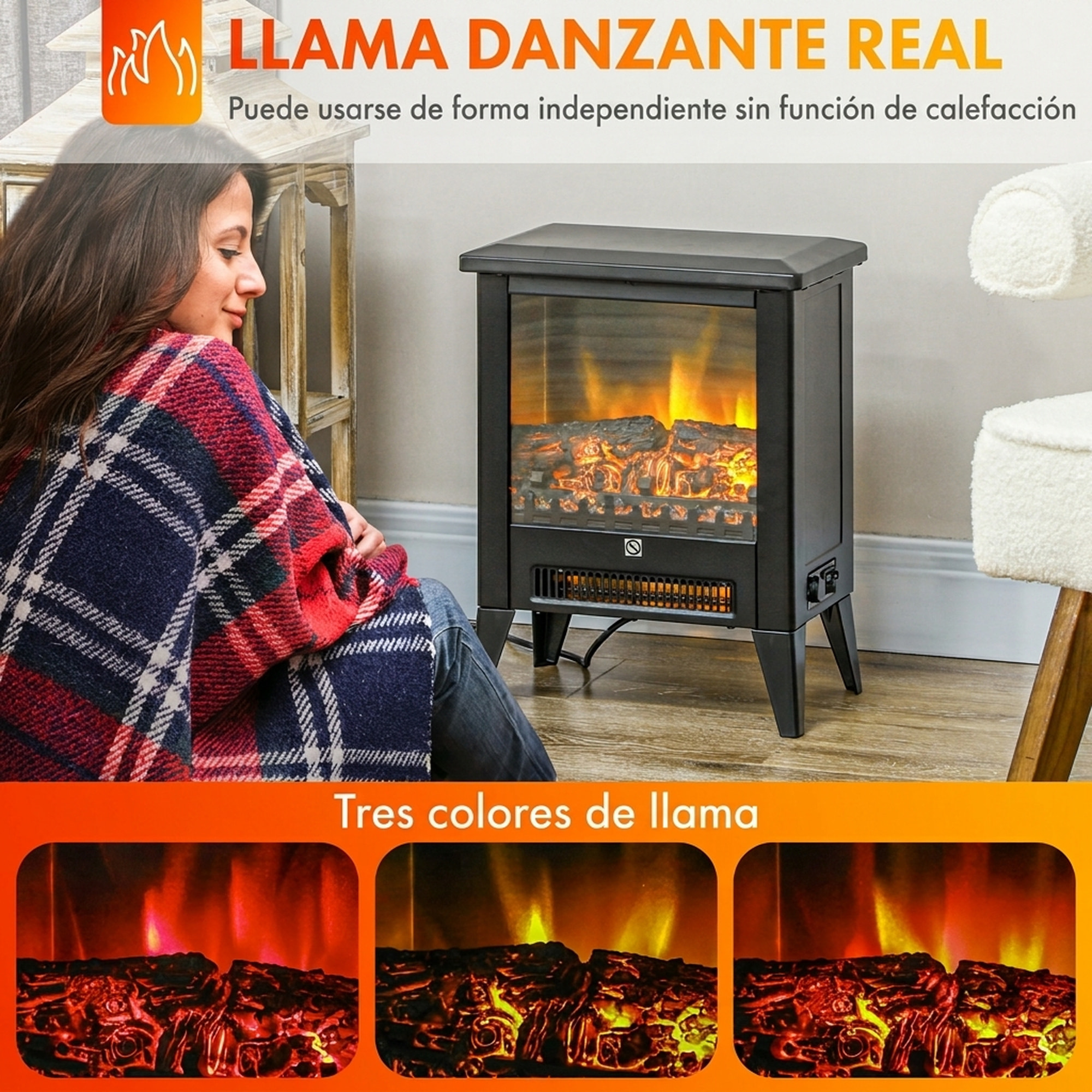 Chimenea Eléctrica, 1800W, Chimenea Decorativa Independiente, Efecto de Llama LED, Bajo Ruido, Protección contra Sobrecalentamiento, para 30 m², Sala, Dormitorio, Negro