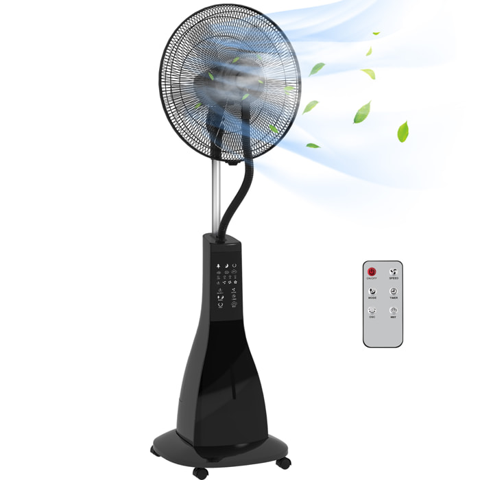 Ventilador Nebulizador Ventilador de Pie con Agua Oscilante 90 W Temporizador Tanque 3L Mando a Distancia 3 Velocidades 5 Aspas y Pantalla LED Ø44,5 cm Negro