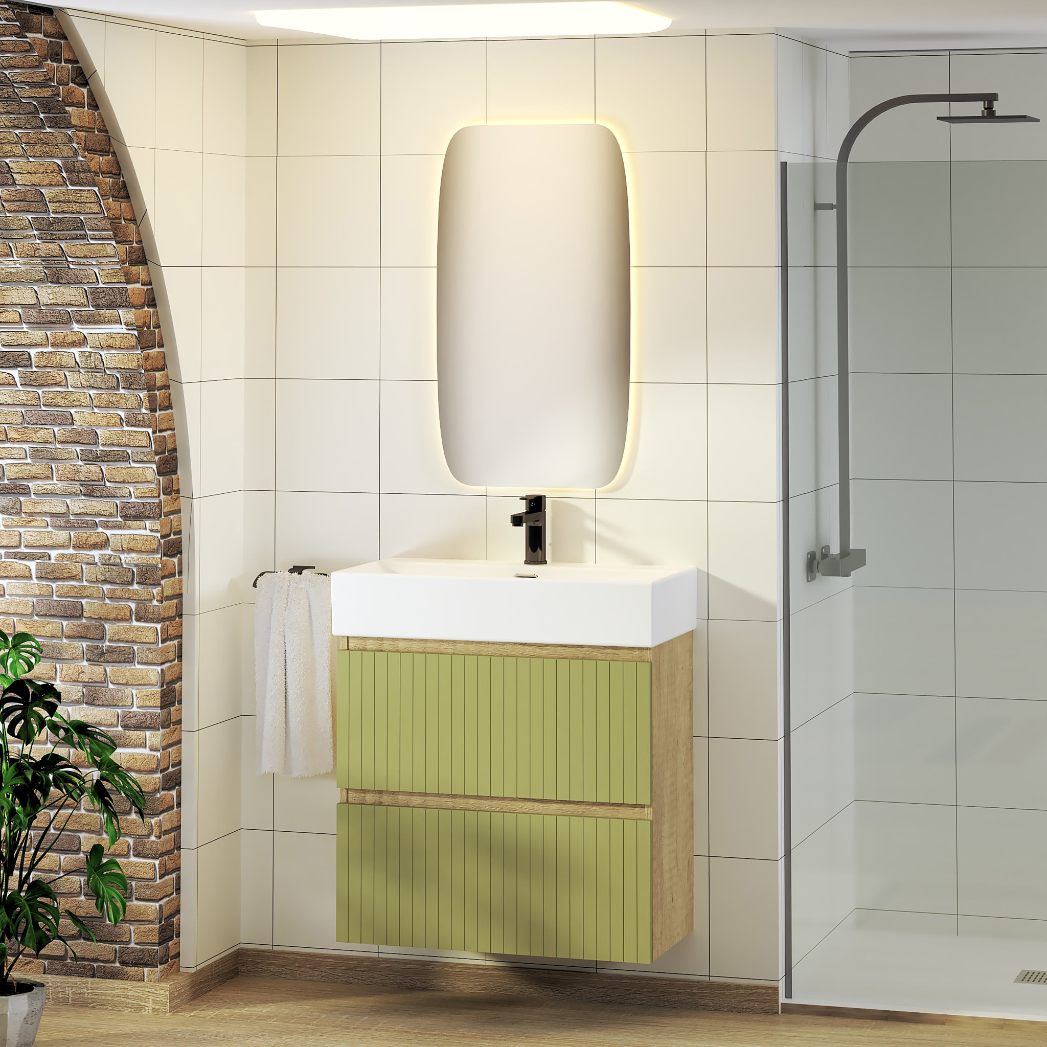 CONJUNTO DE BAÑO ZEL | MUEBLE SUSPENDIDO | 70 CM VERDE | DOS CAJONES | LAVABO ENCASTRADO | NO INCLUYE ESPEJO | MUEBLE MONTADO| ALDAY
