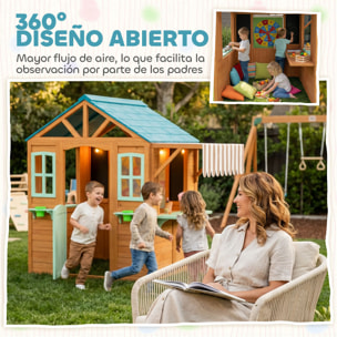 Casita Infantil Exterior e Interior de Madera, Casita Infantil con Barra de Snack, Maceteros, Pizarra, Ventanas, Tela para Tiro y 4 Pelotas, Casa de Jardín para Niños de 3-6 Años, Multicolor