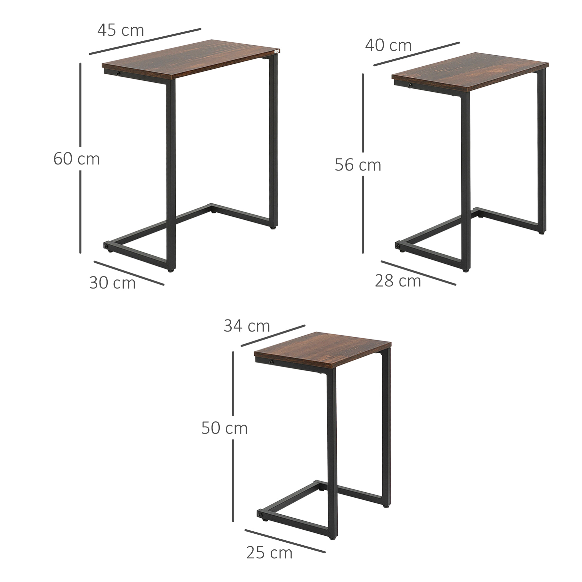 HOMCOM Juego de 3 Mesas Auxiliares Mesas Nido Industrial en Forma de C con Patas de Acero para Salón Dormitorio Oficina 45x30x60 cm 40x28x56 cm y 34x25x50 cm Marrón Rústico