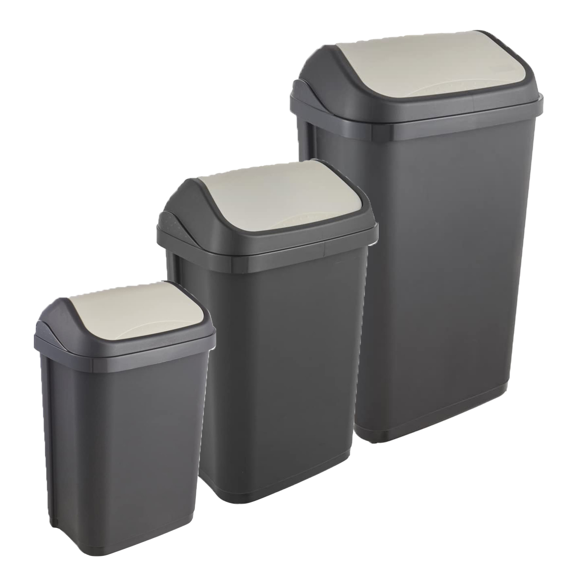 Pack de 3 cubos de basura con tapa deslizante Swantje 10/25/50 litros en color gris grafito