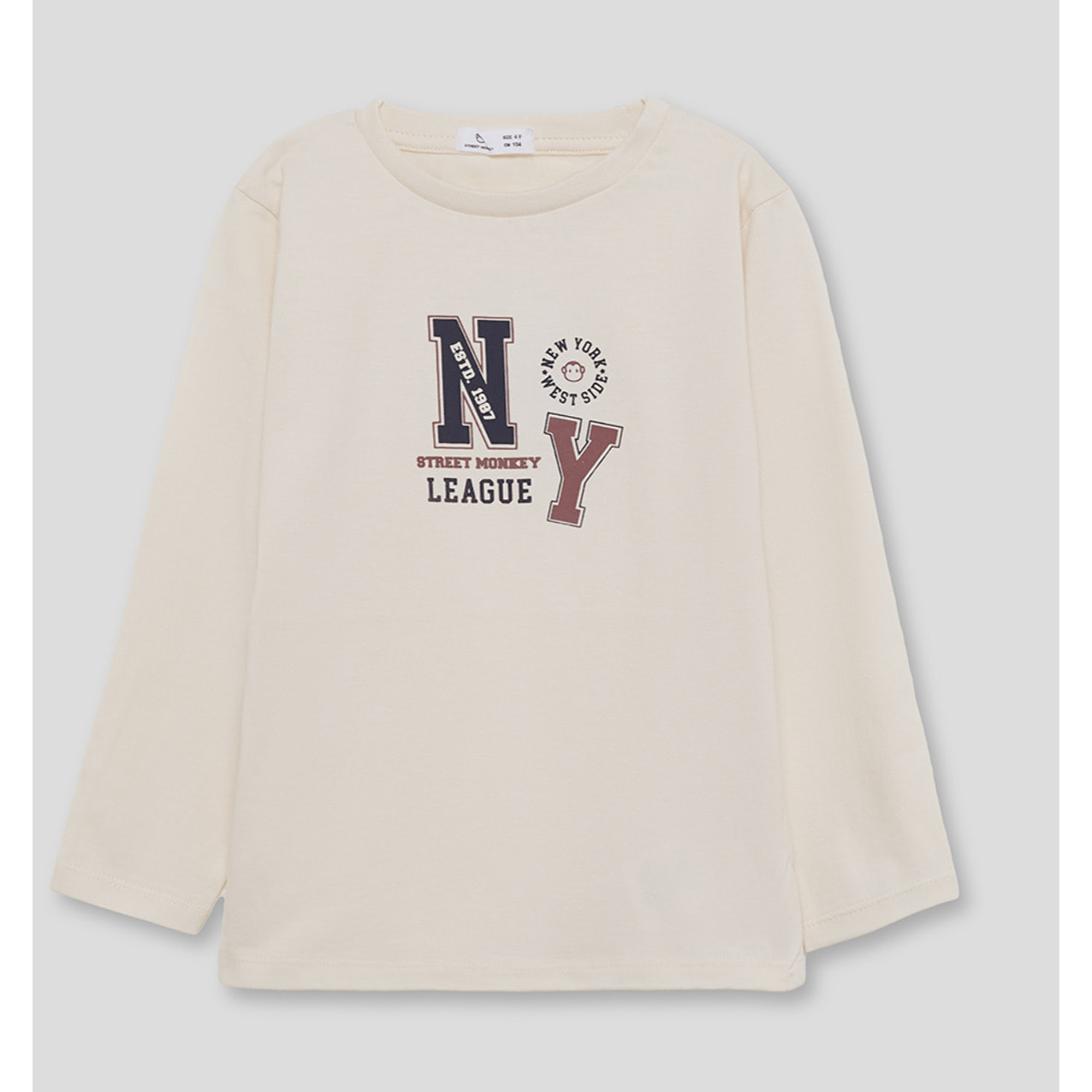 Camiseta niño crudo de manga larga, estampado universitario Street Monkey League | Color: Crudo | Street Monkey