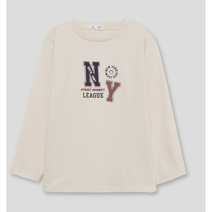 Camiseta niño crudo de manga larga, estampado universitario Street Monkey League | Color: Crudo | Street Monkey