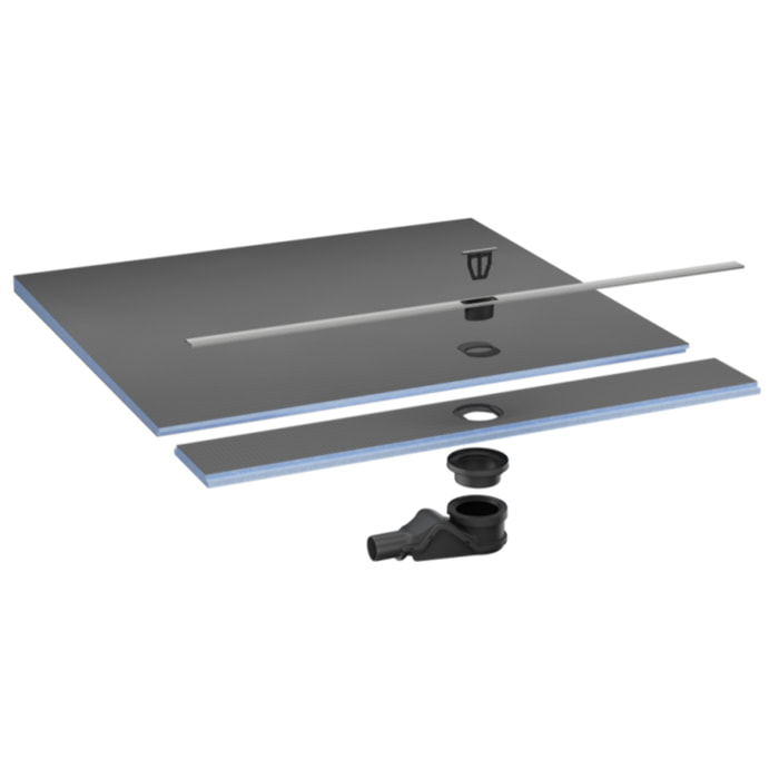 Pack receveur de douche pré-penté 104 x 160 x 3,8 cm WEDI Fundo Flex béton + bonde horizontale + écoulement linéaire + support + colle 610 + kit d'étancheité