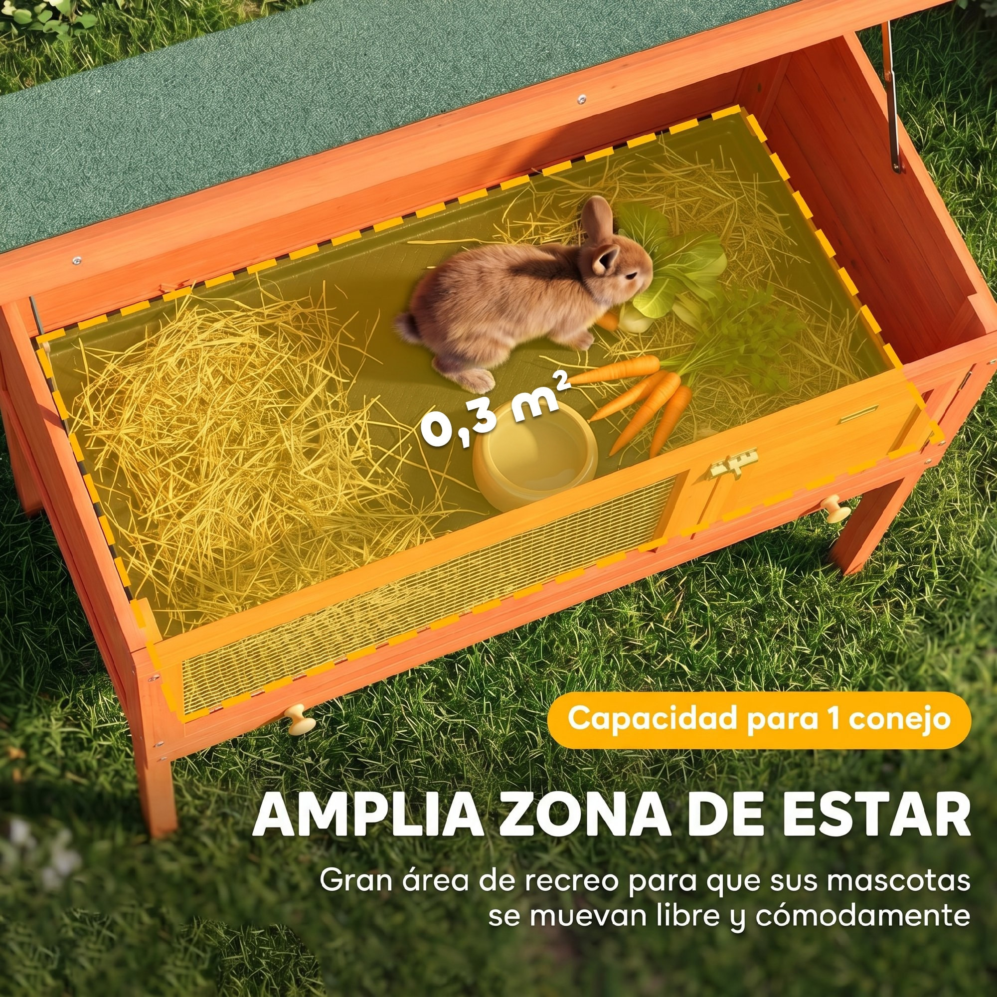 Conejera de Madera, Jaula para Conejos Medianos con Techo Asfáltico Abatible, Bandeja Extraíble, Puerta con Pestillo, Conejera Elevada Exterior, para Cobayas y Chinchillas, 90x45x65 cm, Naranja