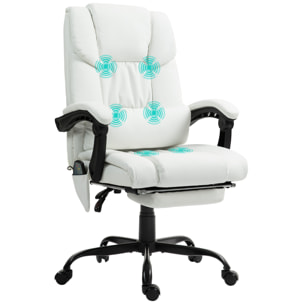 Silla de Oficina con Masaje Vibratorio de 6 Puntos Silla de Escritorio Giratoria con Respaldo Alto Reclinable Altura Ajustable Reposapiés y Mando a Distancia Blanco