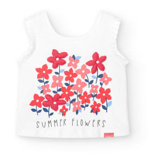 Camiseta niña estampada, cuello redondo, tirantes, blanco