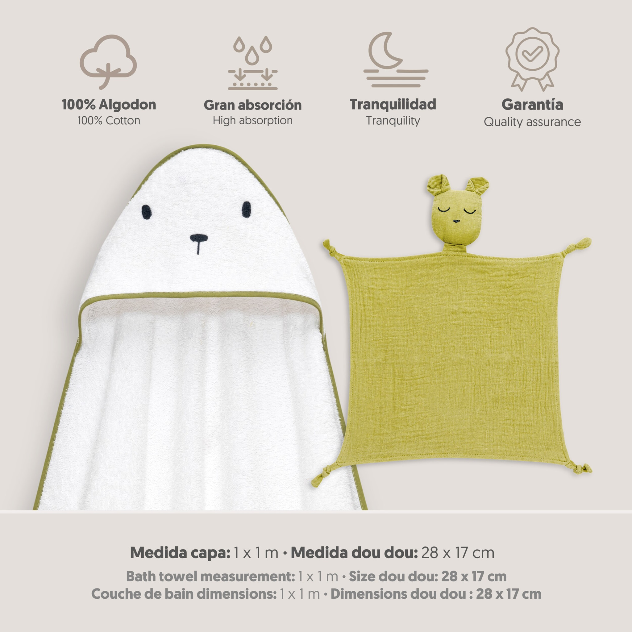 Capa Baño 1X1 Mod Oso+Dudu Muselina Bco/Verde