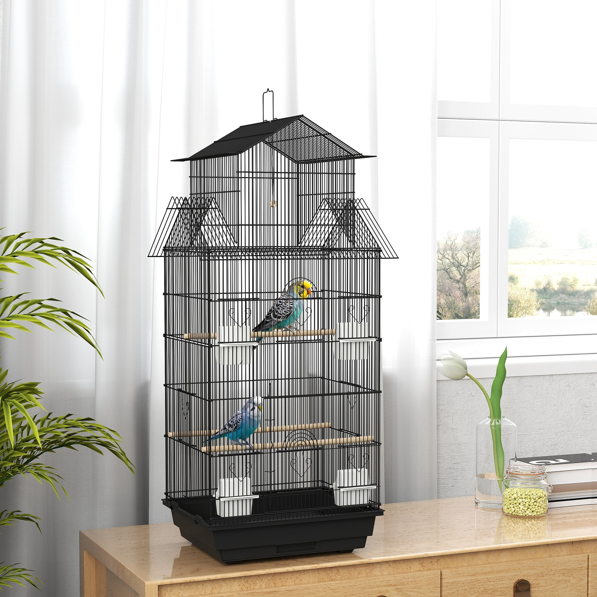 Cage à oiseaux design maison mangeoires perchoirs balançoire grande porte 8 trappes plateau déjection