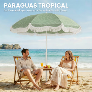 Sombrilla de Playa con Flecos Ø180 cm, Sombrilla de Terraza Exterior con Altura Ajustable, Inclinación, Anclaje Arena y Bolsa de Transporte, UPF30+, Estampado de Hojas, Verde