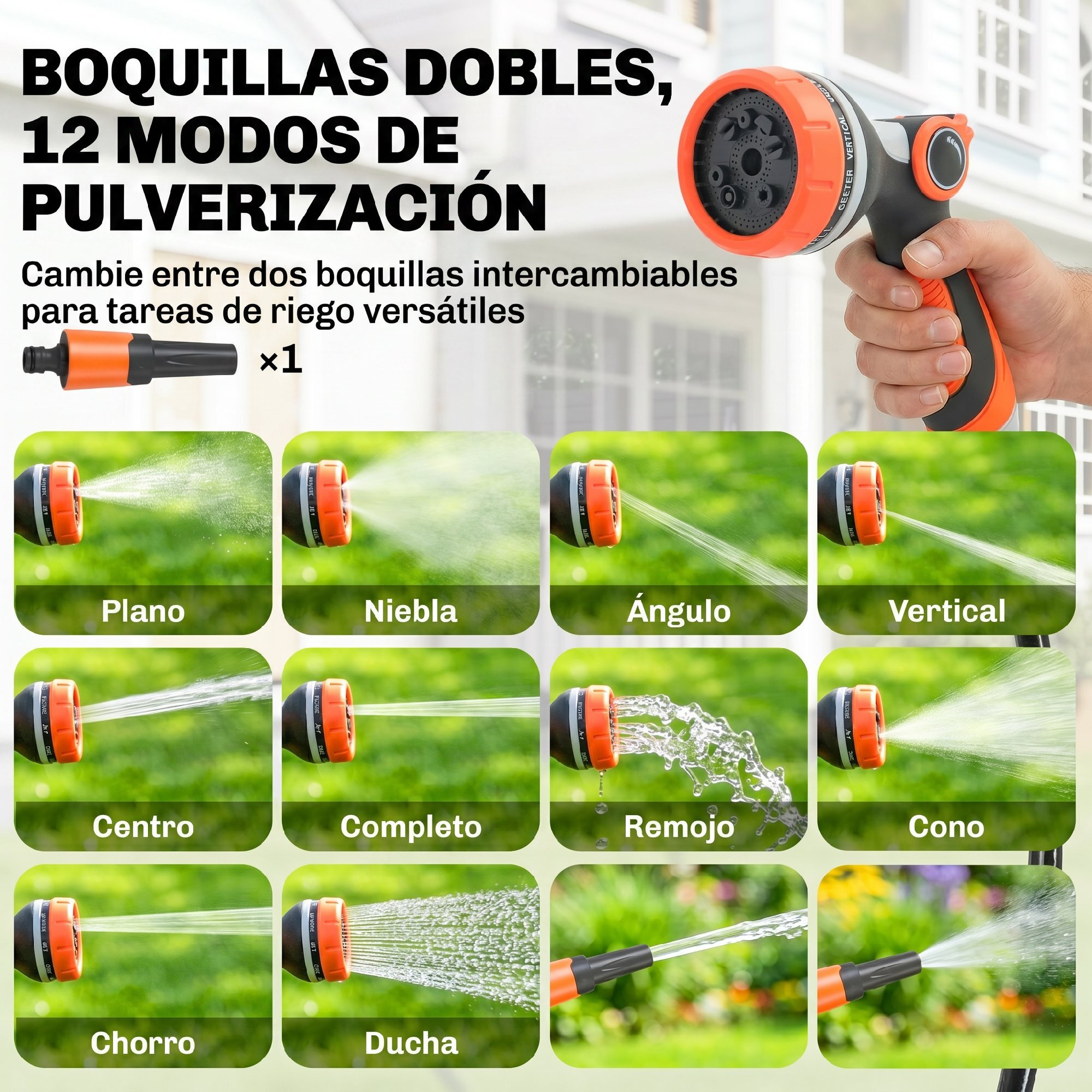 Enrollador de Manguera para Jardín 23+2 m con 12 Modos de Rociado, Carrete de Manguera de Jardín de Pared con Bloqueo Automático y Retracción Controlada, Soporte Orientable 180°, Naranja