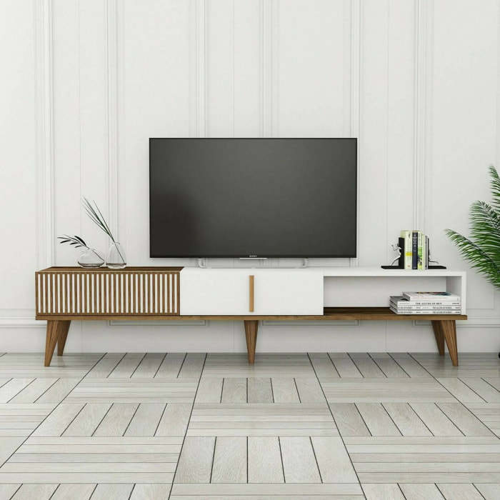 Mobile porta TV Jakuchu, Credenza da soggiorno, Armadio basso per TV, Base parete attrezzata, 180x35h40 cm, Noce e Bianco