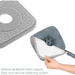 Mopa giratoria con cubo de separación de agua limpia y sucia, sistema manos libres y cabezal 360°. Apta para limpieza en seco y húmedo.