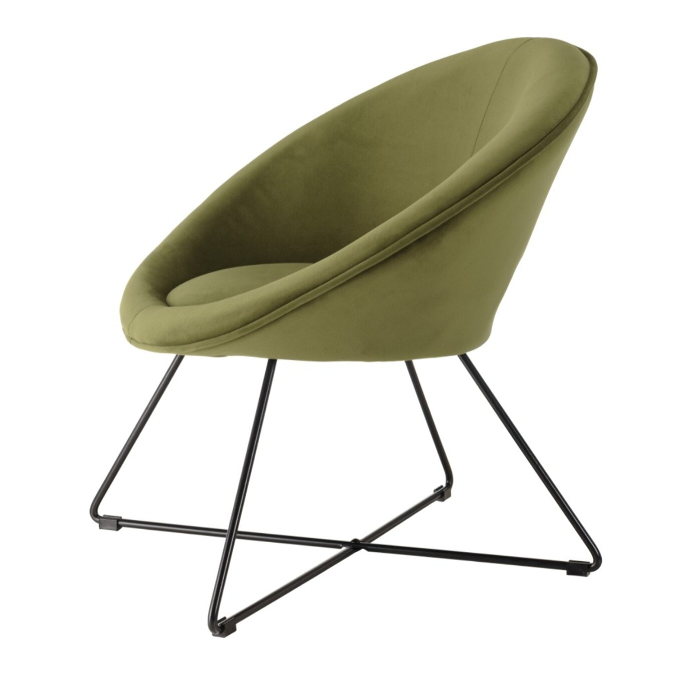 AGATHE - Fauteuil tissu velours vert olive pieds croisés métal noir