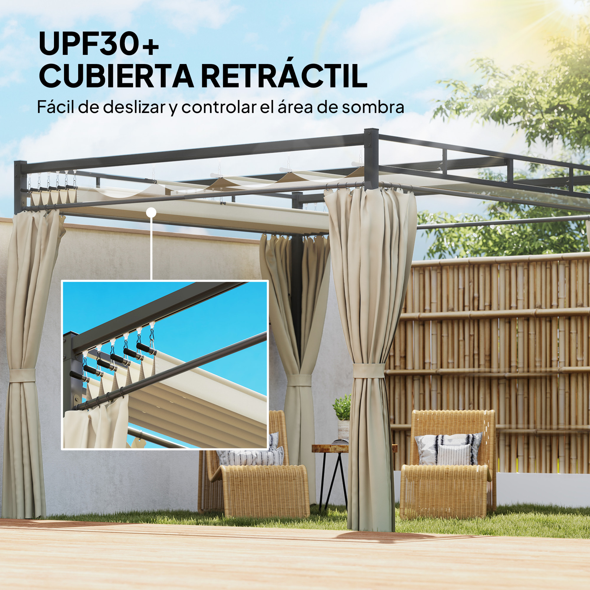 Pérgola de Jardín 3x3 m con Techo Retráctil y 4 Cortinas, Cenador de Jardín con Protección UV30+, Impermeable, Estructura Metálica, Pabellón para Patio, Terraza, Exterior, Beige