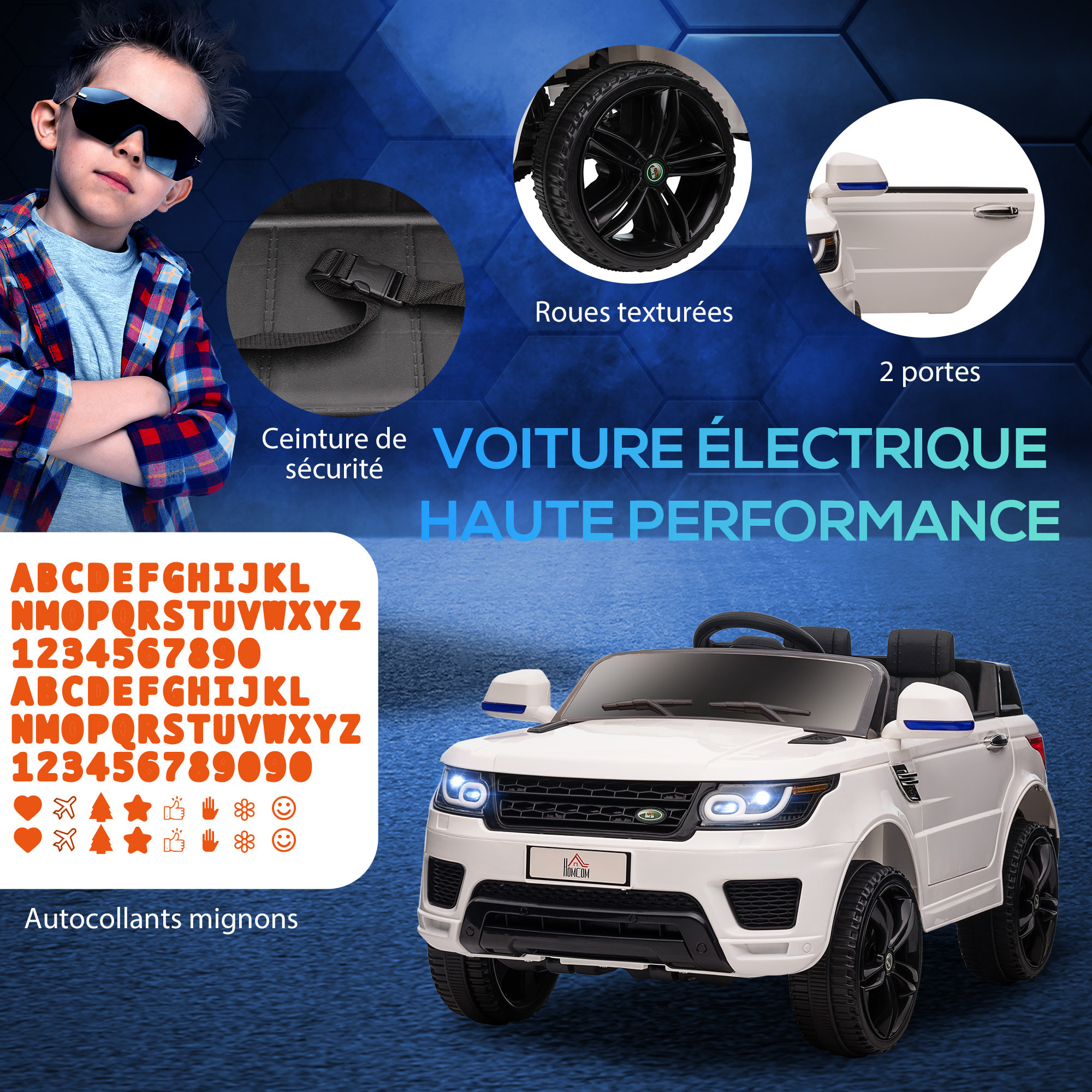 Voiture électrique enfant SUV 4X4 - 12V, 2 moteurs, 5Km/h max. - télécommande - nombreux effets - blanc