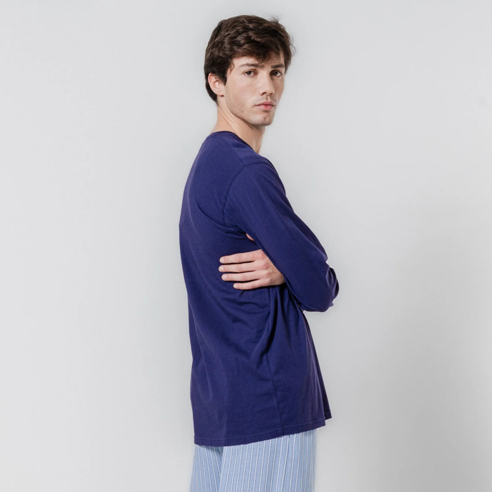 Pigiama lungo in cotone con righe blu navy