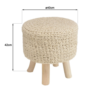 SACHA - Tabouret rond 40x40cm laine tressé ivoire pieds bois naturel