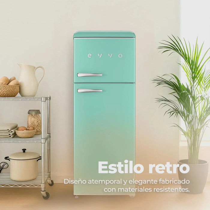 EVVO Frigorífico 2 puertas F45 Retro Verde Aquamarina, refrigerador 170 litros, congelador 45 litros, diseño vintage, cajón Crisper Zone, libre de gas CFC, silencioso
