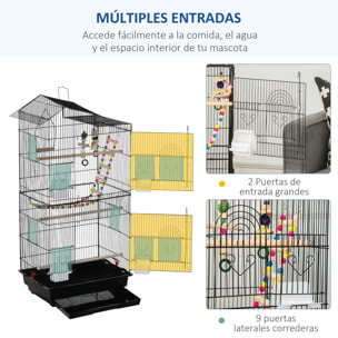 Jaula para Pájaros Pajarera de Metal con Múltiples Puertas 4 Comederos 3 Perchas Columpio Escaleras y Bandeja Extraíble para Loros Canarios Periquitos 46x36x100 cm Negro