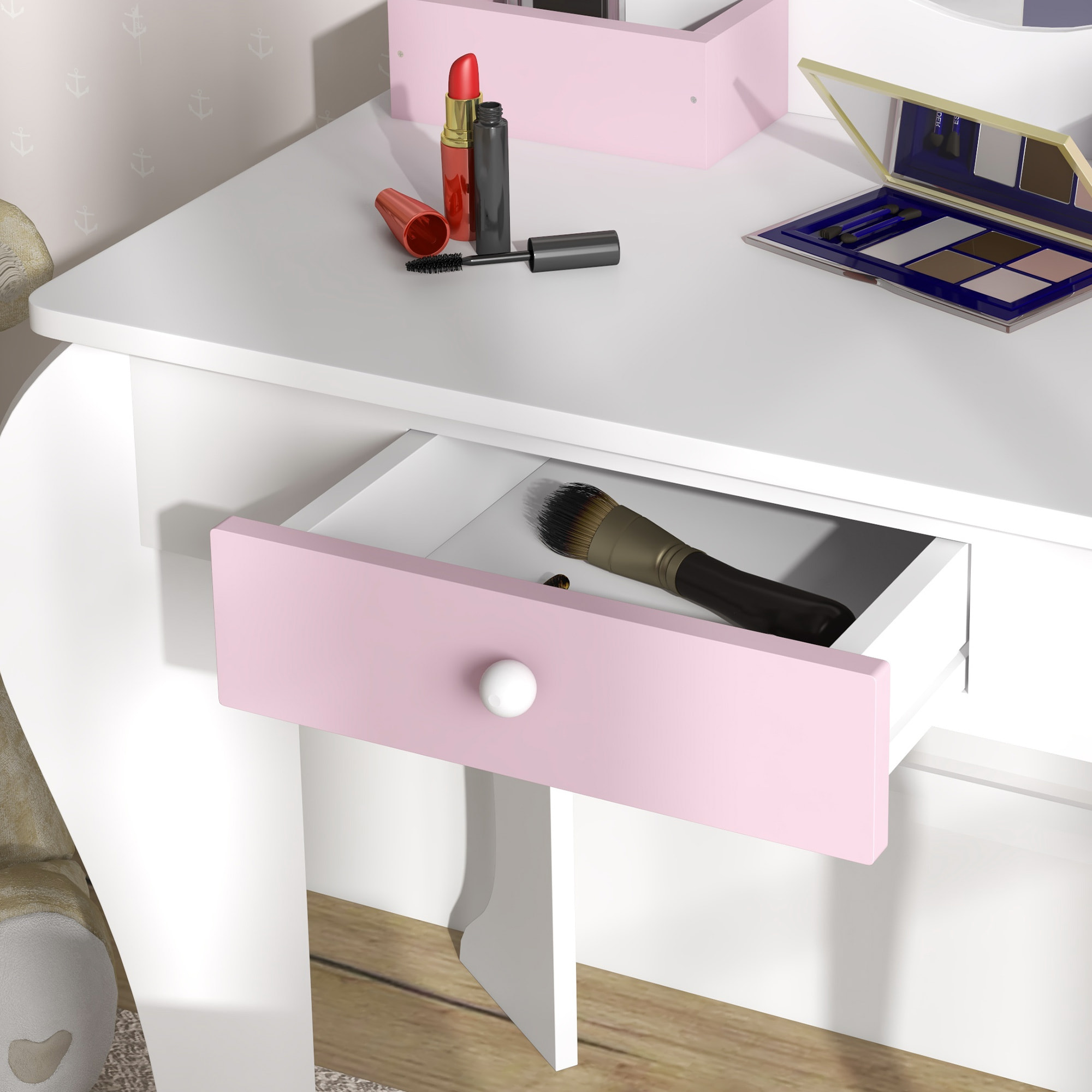 Tocador Infantil con Taburete y Espejo, Tocador para Niñas con Cajón, Compartimentos, Diseño de Unicornio, Mesa de Maquillaje para Niños y Niñas de 3-6 Años, Blanco