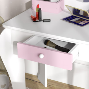 Tocador Infantil con Taburete y Espejo, Tocador para Niñas con Cajón, Compartimentos, Diseño de Unicornio, Mesa de Maquillaje para Niños y Niñas de 3-6 Años, Blanco